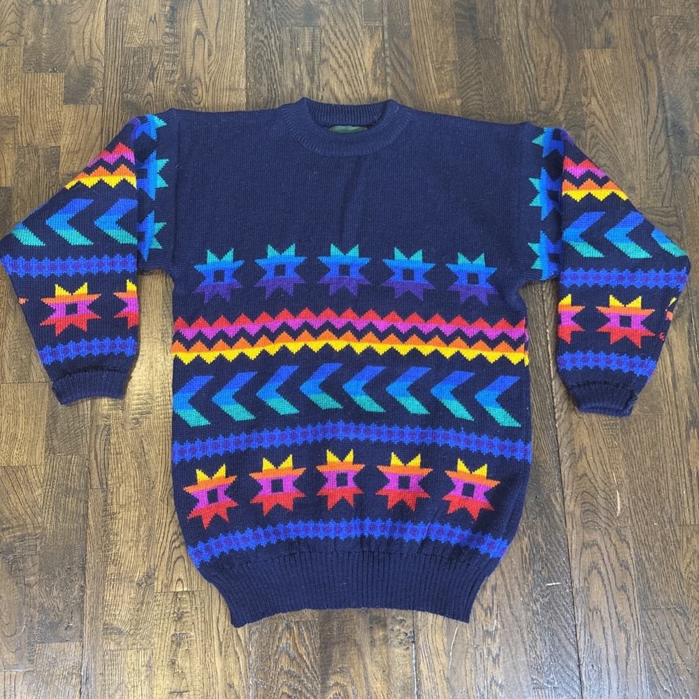 Jumpers Womens 100% Wool Sweater Navy Blue Multi Vintage Knit Medium EUC